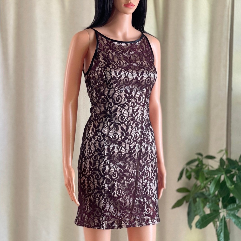 Vtg 90s Brown Lace Tan Sheath Mini Dress Whimsigoth Romantic Gothic Vampire 8